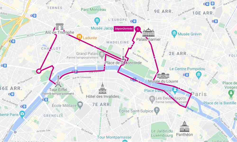 parcours du Kids tour en bus panoramique dans Paris
