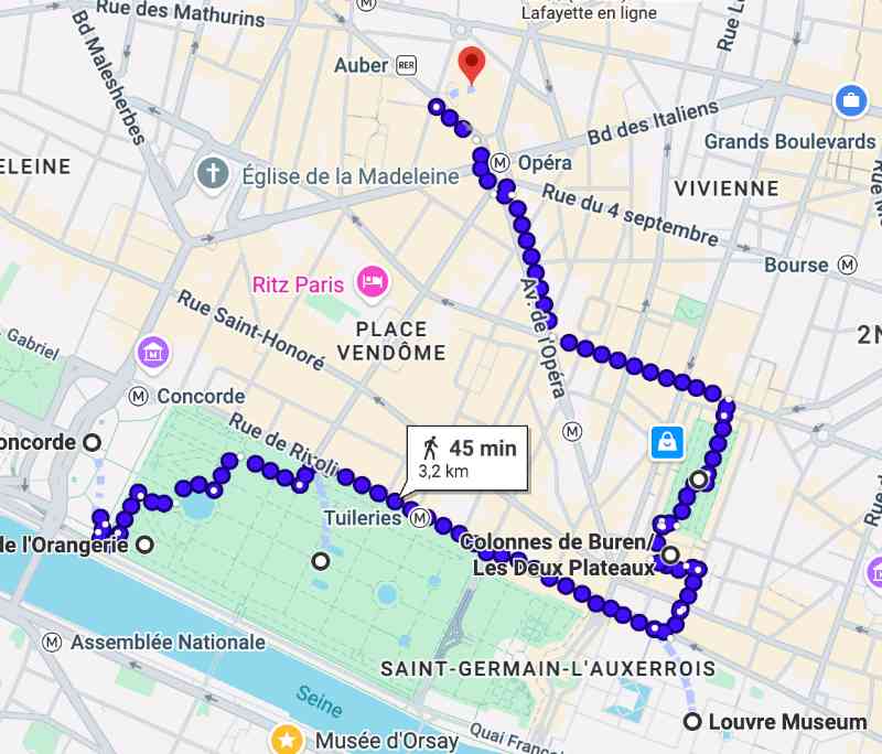 Plan du quartier Concorde, Louvre et Opéra à Paris