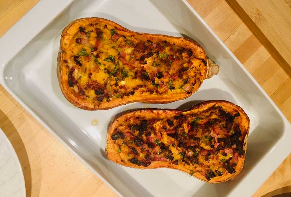 recipe for butternut stuffed with bacon and onions